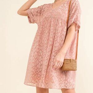 And The Why Woven Leopard Baby Doll Roll-Sleeve Casual Dress